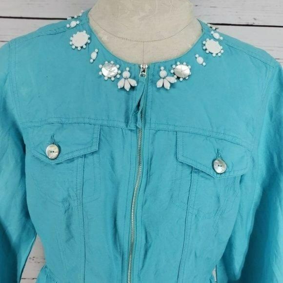 Ruby Rd Women's Blue Beaded Half Peplum Zip Up‎ Rayon Linen Jacket Size 8 - Picture 5 of 7